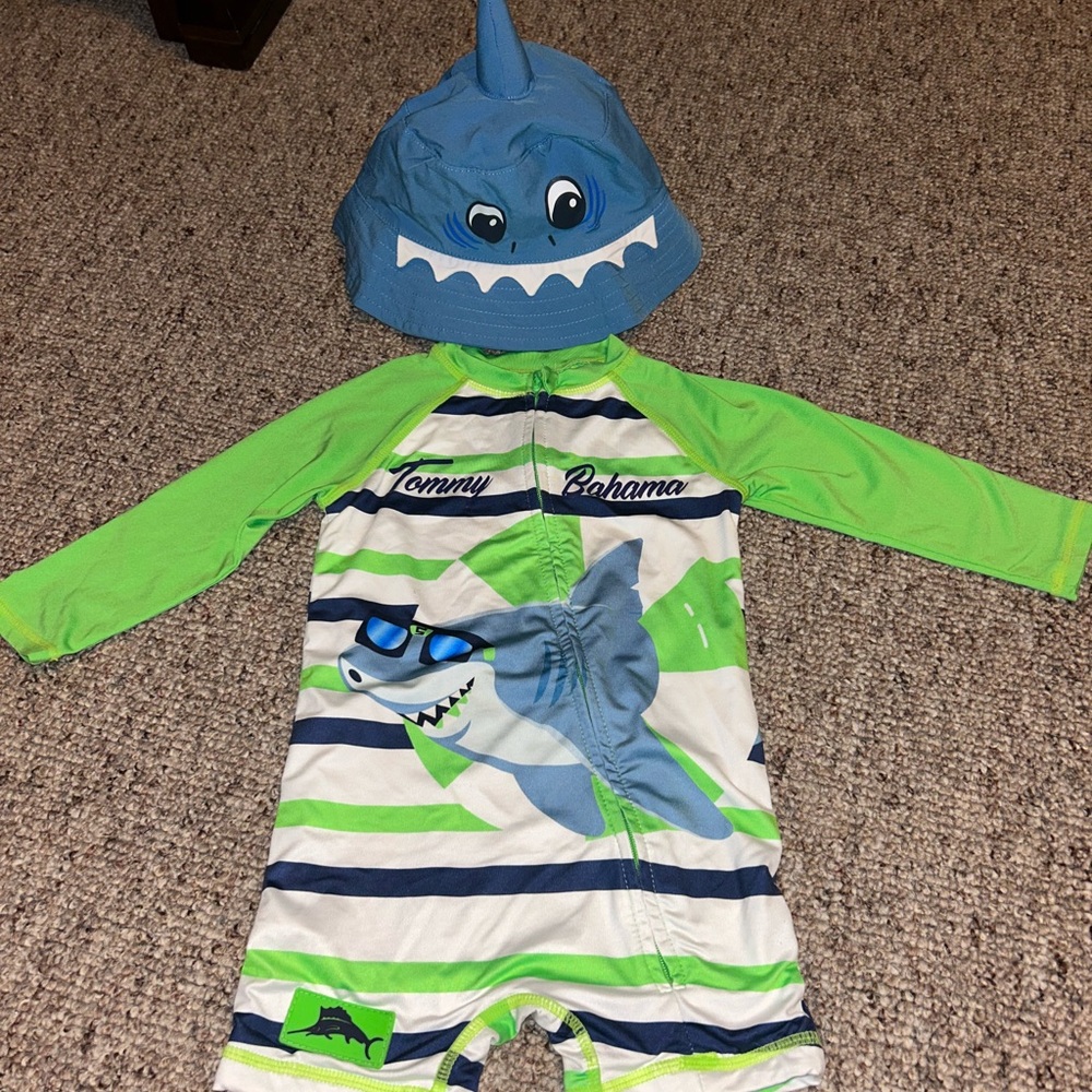 Tommy Bahama Baby Shark Swim Rash Guard & Hat